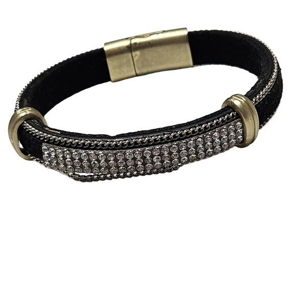 Gothic Black Leather Gold Tone Rhinestone Bracelet Punk Fashion Jewelry Women - Picture 1 of 5